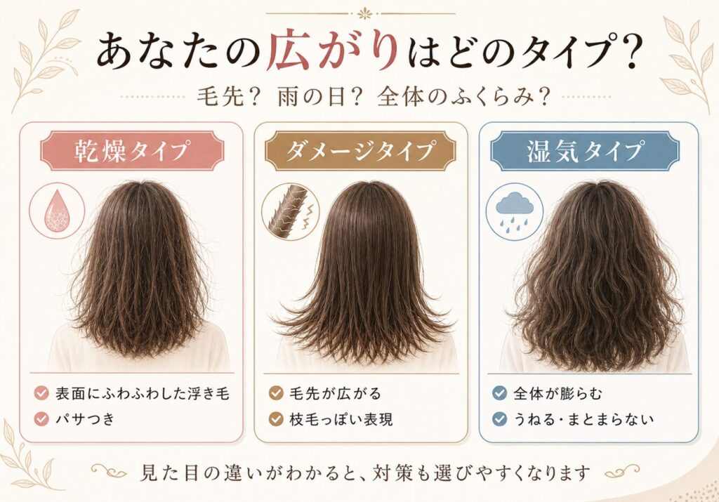 髪の広がりを「乾燥タイプ」「ダメージタイプ」「湿気タイプ」の3つで比較した図解。乾燥は浮き毛やパサつき、ダメージは毛先の広がりや枝毛っぽさ、湿気は全体のふくらみやうねりとして見た目の違いを紹介している。
