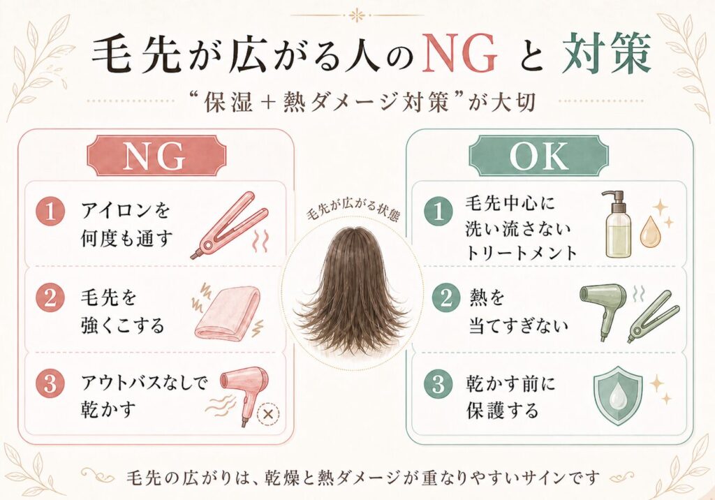 毛先が広がる人向けに、NG行動と対策を左右で比較した図解。NGはアイロンを何度も通す、毛先を強くこする、洗い流さないトリートメントなしで乾かすこと。OKは毛先中心に洗い流さないトリートメントをつける、熱を当てすぎない、乾かす前に保護することを示している。