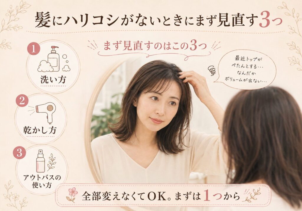 髪にハリコシがないときに見直したい、洗い方・乾かし方・アウトバスの使い方をまとめたヘアケア解説画像。