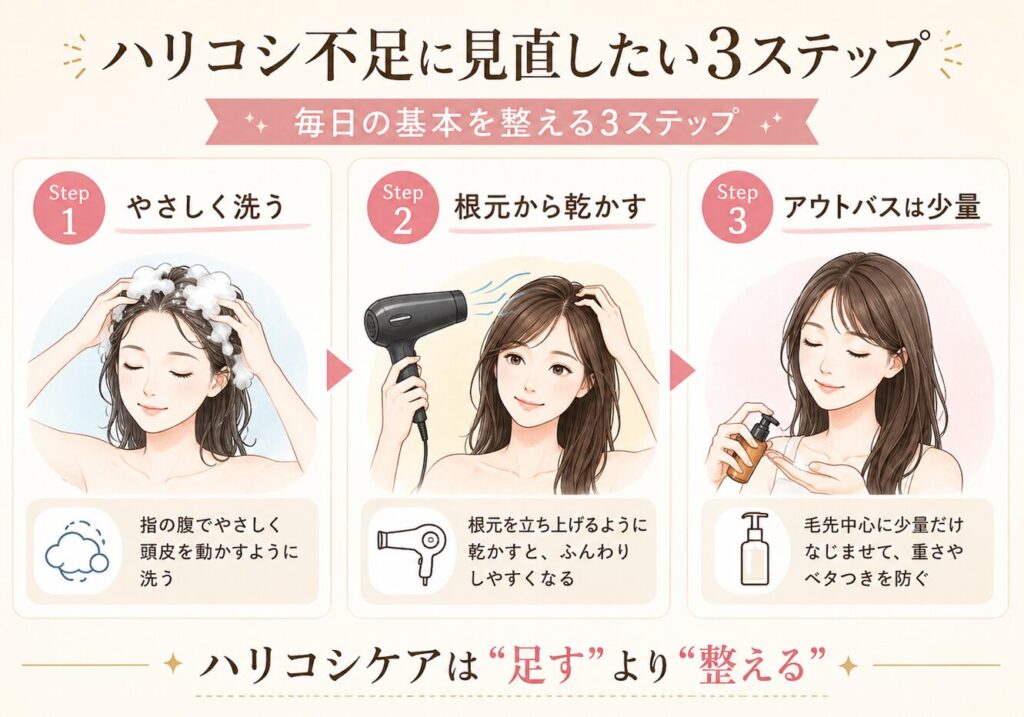 髪にハリコシがない人向けに、やさしく洗う、根元から乾かす、アウトバスを少量使う3つの基本対策を示した図解画像。