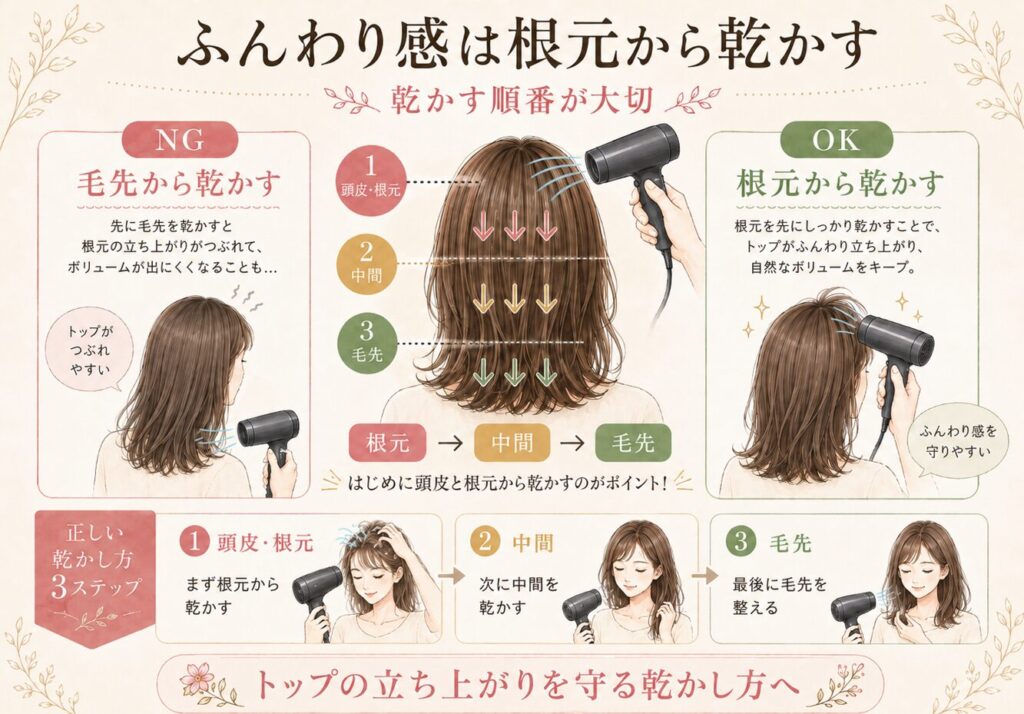 髪のふんわり感を守るために、頭皮と根元から乾かし、中間、毛先の順に整える乾かし方を説明した図解画像。