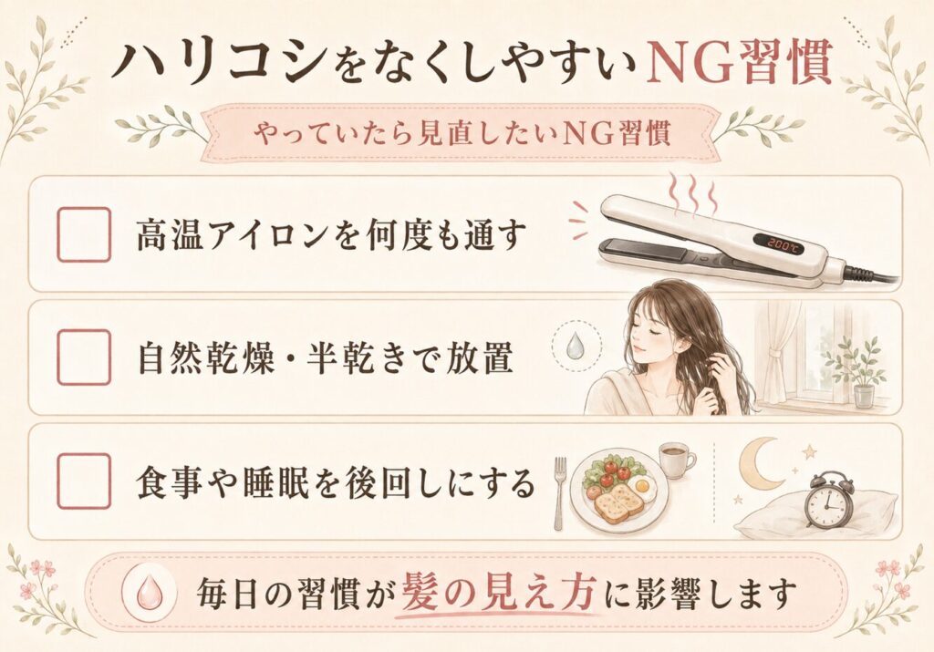髪のハリコシを失いやすいNG習慣として、高温アイロン、自然乾燥や半乾き放置、食事や睡眠不足をまとめたチェックリスト画像。