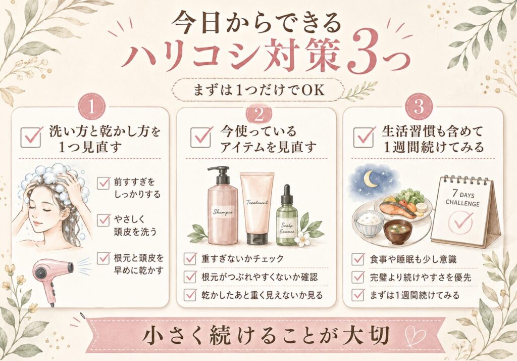 髪にハリコシがない悩みを減らすために、前すすぎ、根元と頭皮の乾かし方、今使っているアイテムの見直しをまとめた画像。