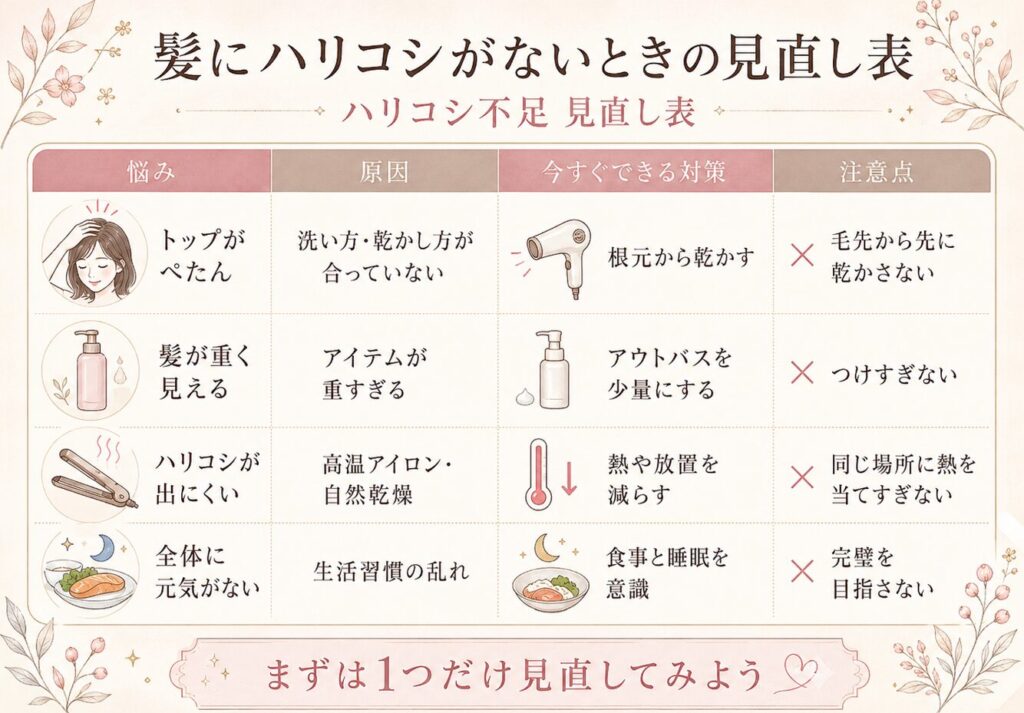 髪にハリコシがないときの悩み別に、トップのぺたんこ感、髪の重さ、熱ダメージ、生活習慣の乱れと対策をまとめた表画像。
