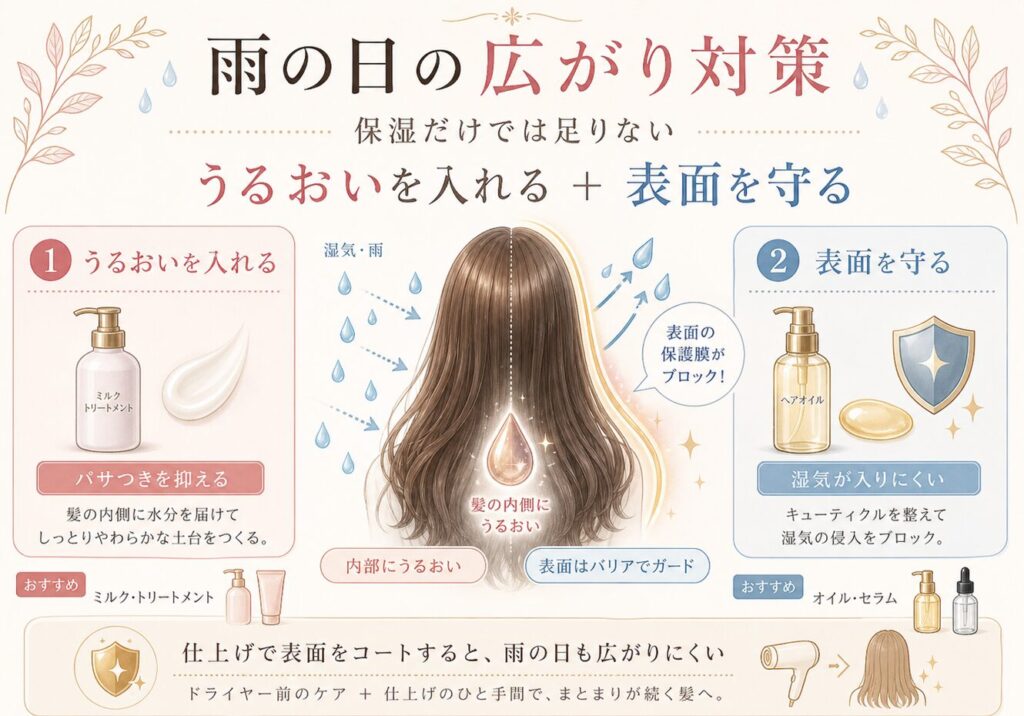 雨の日に髪が広がる人向けの対策をまとめた図解。湿気対策は保湿だけでなく、髪の内側にうるおいを入れたうえで、表面を守ることが大切だと示している。ミルクトリートメントで保湿し、ヘアオイルで表面をコートして湿気の侵入を防ぐ流れを紹介している。