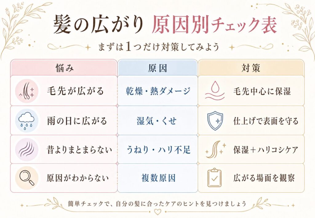 髪の広がりを原因別に整理した対策表。毛先が広がる場合は乾燥・熱ダメージで毛先中心に保湿、雨の日に広がる場合は湿気・くせで仕上げに表面を守る、昔よりまとまらない場合はうねり・ハリ不足で保湿とハリコシケア、原因がわからない場合は複数原因を考えて広がる場面を観察する流れをまとめている。