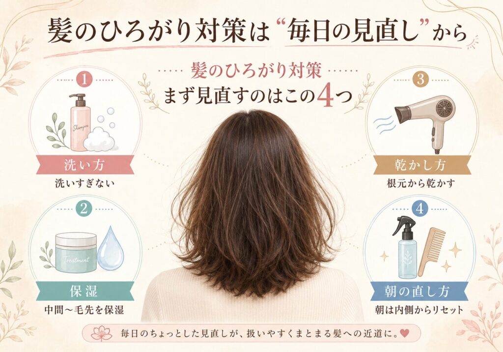 髪のひろがり対策として、洗い方・保湿・乾かし方・朝の直し方の4つの見直しポイントを示した図解画像。