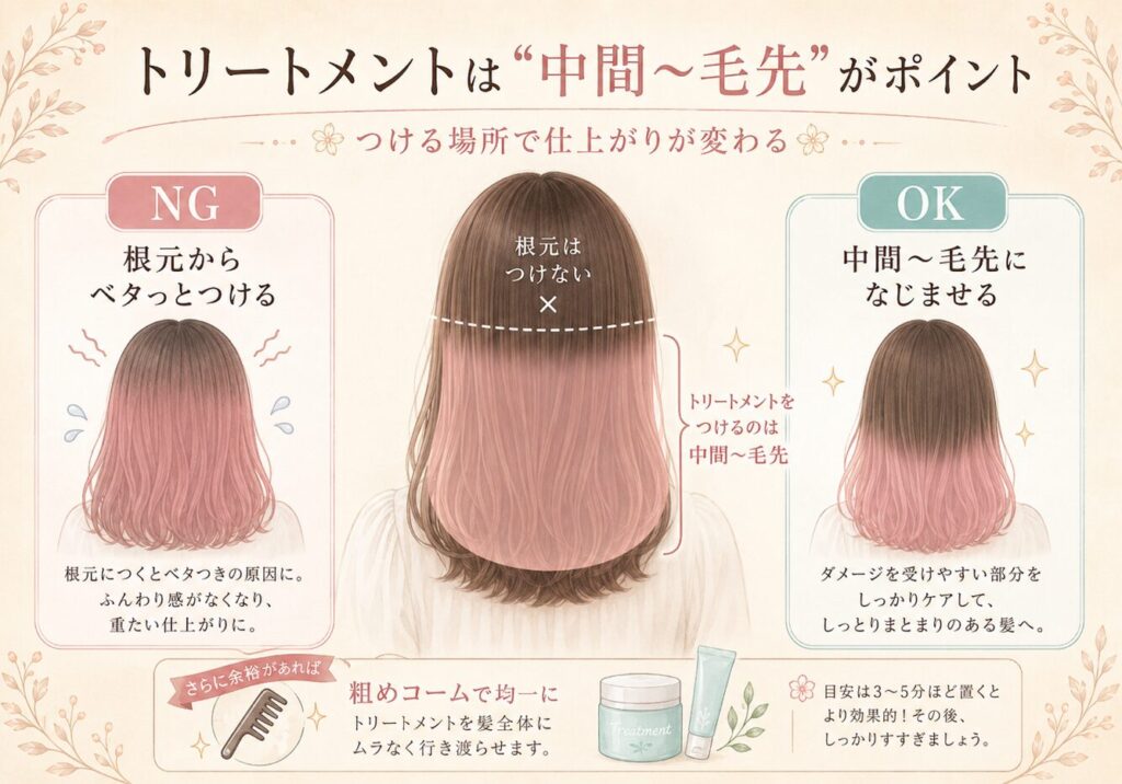 トリートメントは根元ではなく中間から毛先になじませることが大切だと示した図解画像。正しいつけ方と避けたいつけ方を比較している。