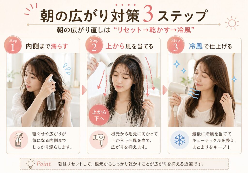 朝の髪のひろがりを抑える3ステップをまとめた画像。内側までしっかり濡らす、上からドライヤーを当てる、冷風で仕上げる流れを紹介している。