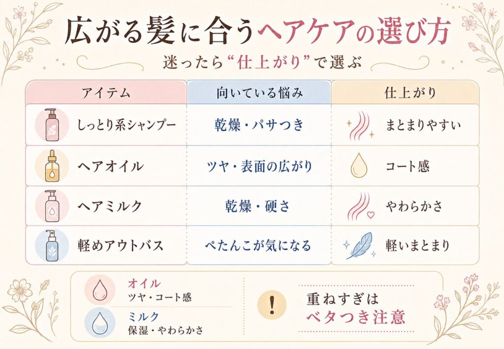 髪のひろがりが気になる人向けに、しっとり系シャンプー、ヘアオイル、ヘアミルクなどの特徴と仕上がりの違いを比較した表形式の画像。