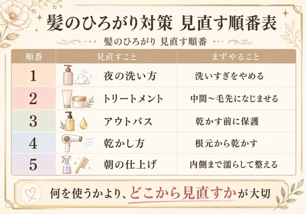 髪のひろがり対策で見直す順番をまとめた保存版の表画像。夜の洗い方、トリートメント、アウトバス、乾かし方、朝の仕上げの順にチェックポイントと対策を整理している。