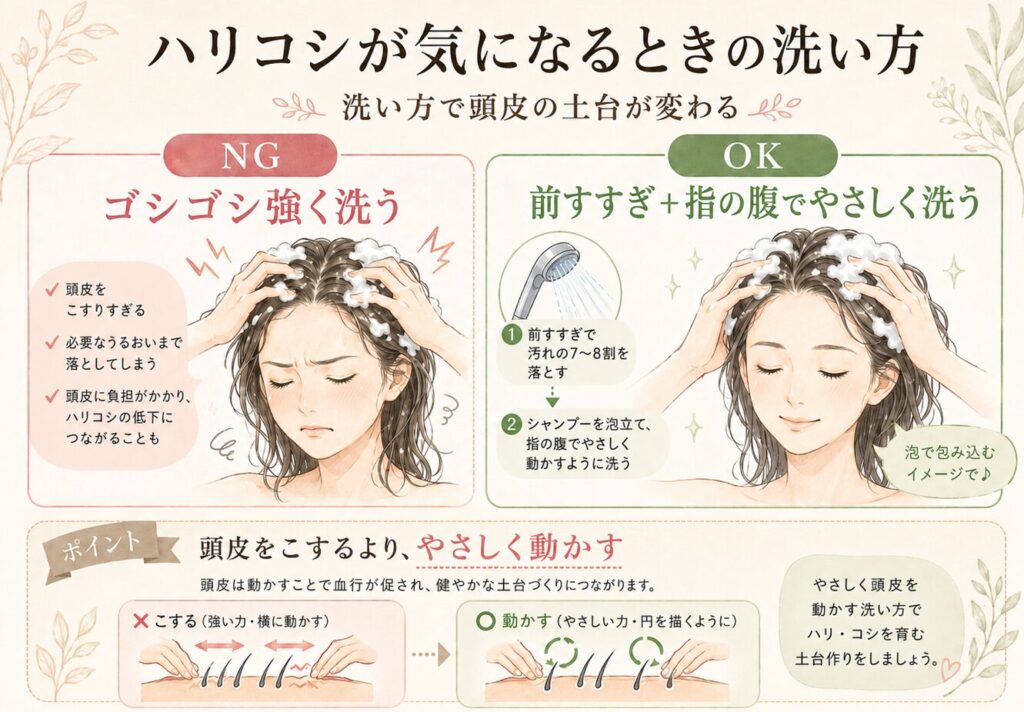 髪や頭皮に負担をかけるゴシゴシ洗いと、前すすぎをして指の腹でやさしく洗う方法を比較した画像。
