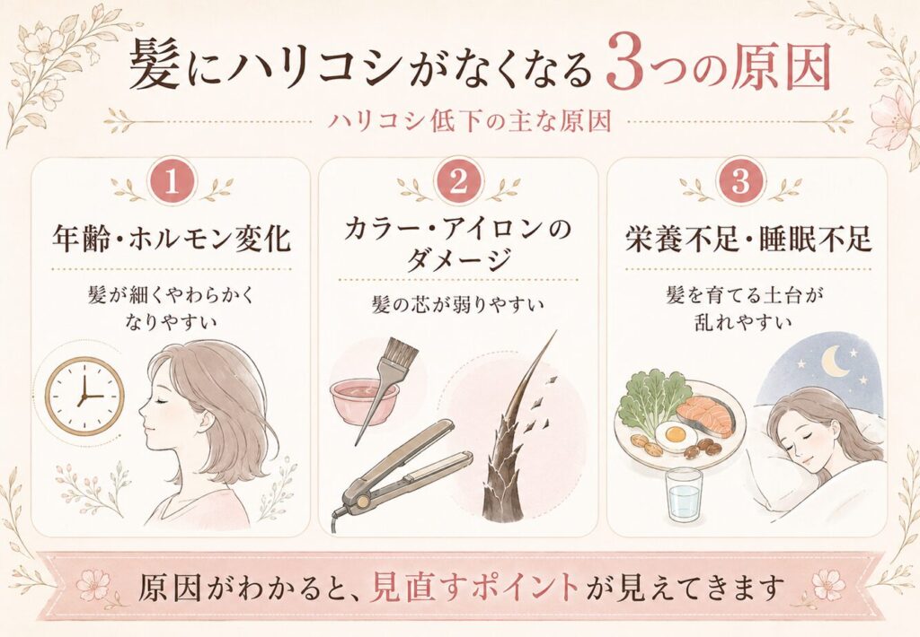 髪にハリコシがなくなる主な原因として、年齢やホルモンの変化、カラーやアイロンのダメージ、栄養不足や睡眠不足の3つをまとめた図解画像。