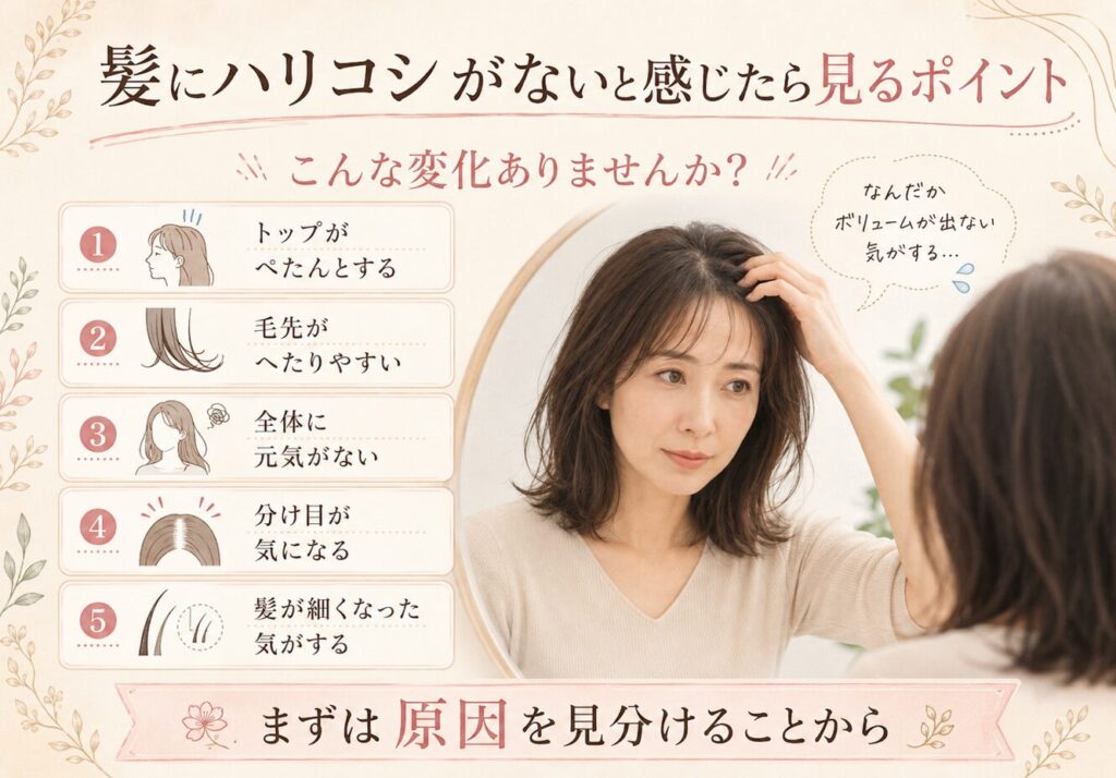 髪にハリコシがないと感じる人向けに、トップのぺたんこ感、毛先のへたり、全体の元気のなさなどの変化を整理したヘアケア解説画像。