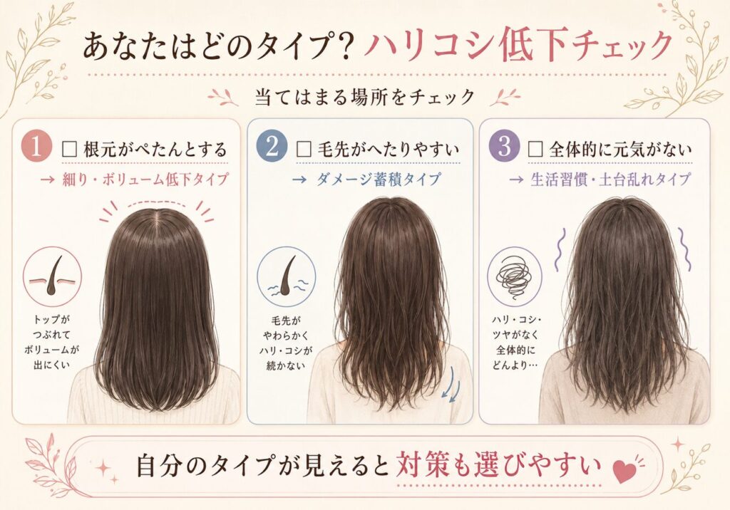 髪にハリコシがないと感じる人向けに、根元がぺたんとする、毛先がへたりやすい、全体的に元気がないなどのタイプをチェックできる診断画像。