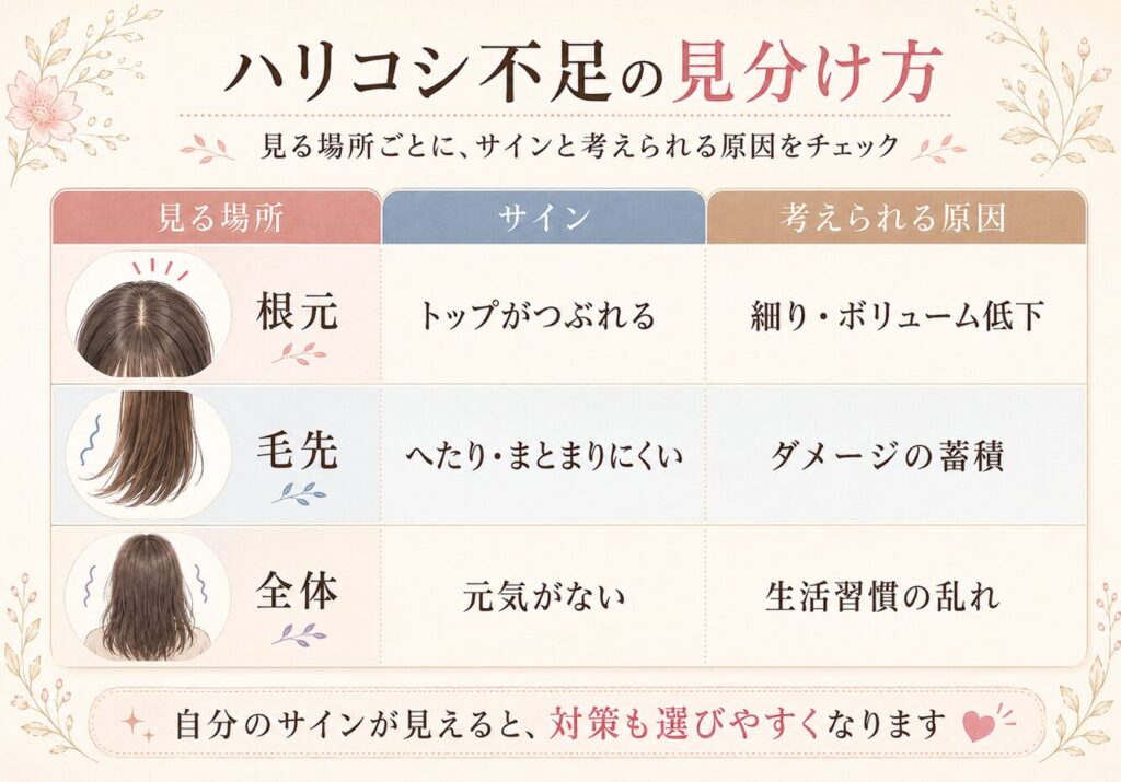 ハリコシ不足の見分け方として、根元のボリューム低下、毛先のへたり、髪全体の元気のなさと考えられる原因を比較した表形式の画像。