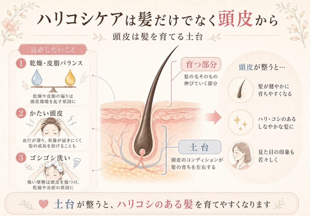 髪にハリコシがないときは、髪だけでなく頭皮環境も大切であることを説明した頭皮ケアの図解画像。