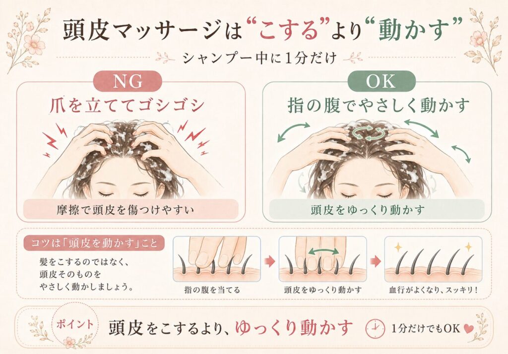 頭皮マッサージは強くこするのではなく、指の腹でやさしく頭皮を動かすことが大切だと示したNGとOKの比較画像。