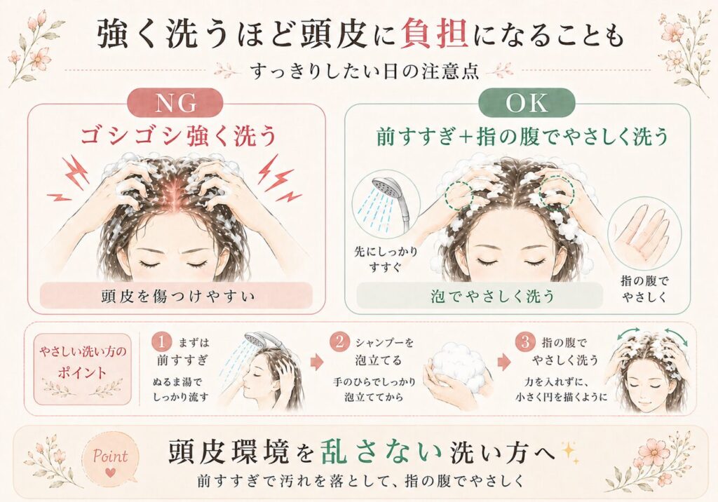 髪や頭皮への負担を避けるために、ゴシゴシ強く洗うNG例と、前すすぎをして指の腹でやさしく洗うOK例を比較した画像。