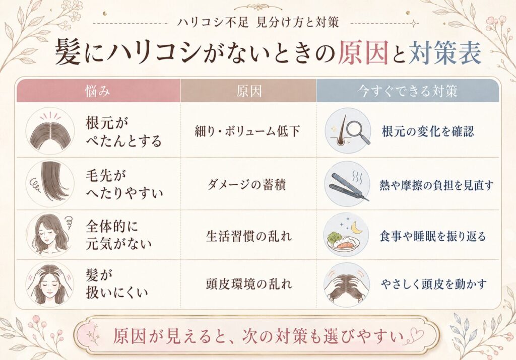 髪にハリコシがないときの悩み別に、根元のぺたんこ感、毛先のへたり、全体の元気のなさ、頭皮環境の乱れと、それぞれの原因や対策をまとめた表画像。