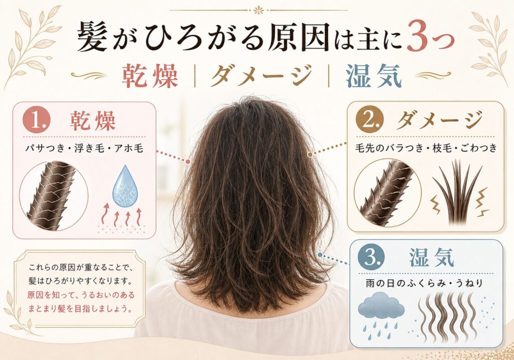 髪がひろがる原因を、乾燥・ダメージ・湿気の3つに分けて解説した図解。パサつき・浮き毛・枝毛・雨の日のふくらみなど、広がり方の違いがわかるブログ用画像。