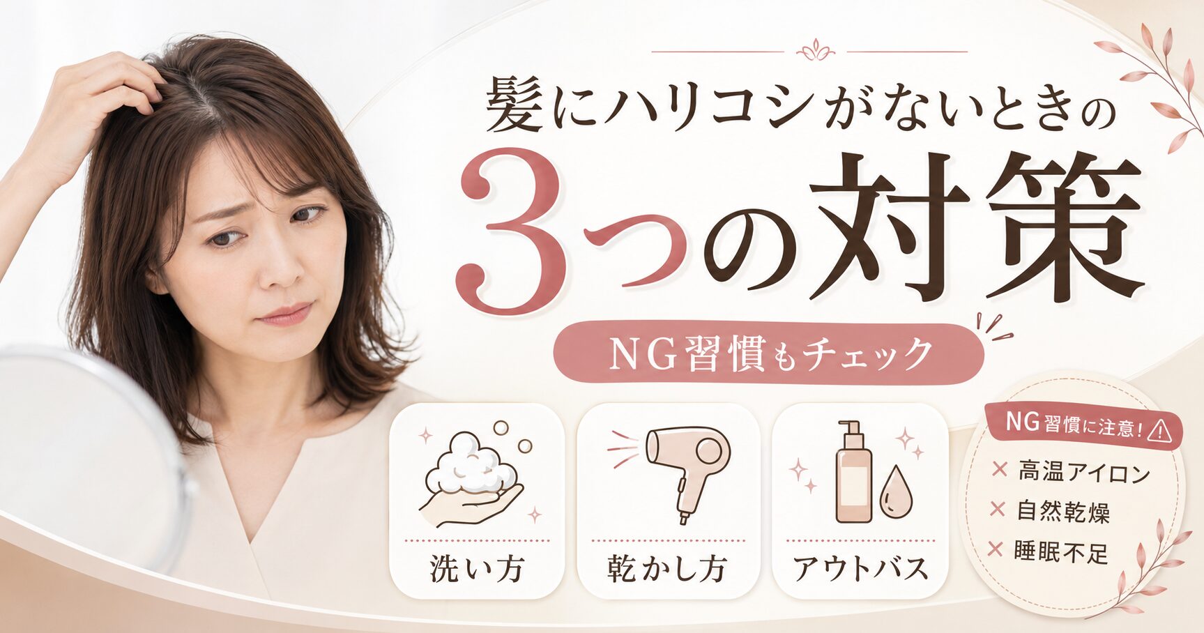 髪にハリコシがない悩みに対して、洗い方・乾かし方・アウトバスの3つの対策とNG習慣を解説する画像。
